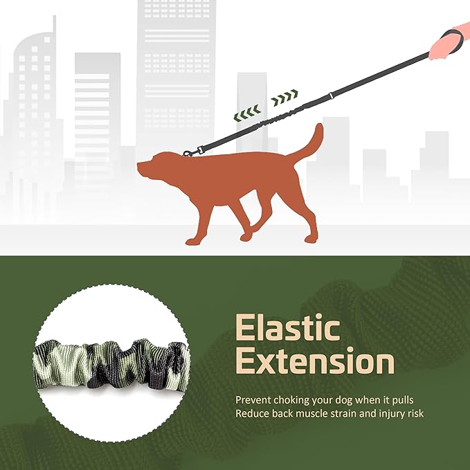 Forestpaw Tactical Dog Leash for Large Dogs,Heavy Duty Bungee Dog Leash with Shock Absorption,2 Padded Handles for Training Running Walking,Adjustable 4-5FT,Camo Green