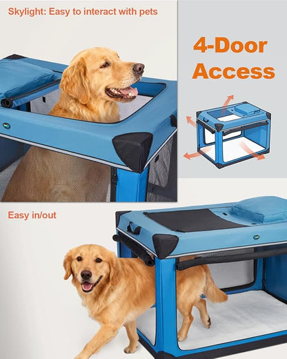 Ownpets 48 inch XXL Collapsible Dog Crate for Large Dogs, Portable Travel Dog Crate, 4-Door Foldable Pet Kennel with Durable Mesh Windows and Soft Mat, Blue