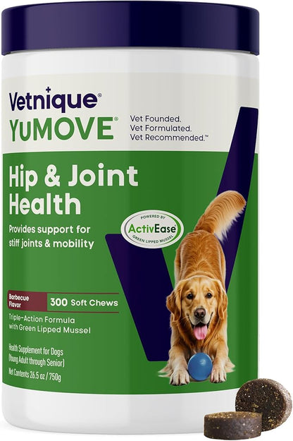 YuMOVE Hip & Joint Supplement for Dogs with Glucosamine, Hyaluronic Acid, Green Lipped Mussel & Omega 3 Joint Supplement - Regular or Advanced Strength (300ct Chews, Regular Strength)