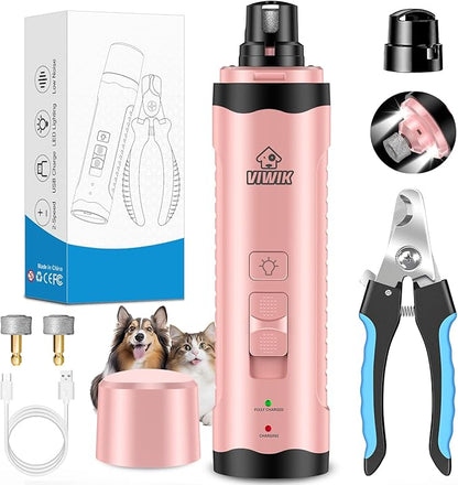 VIWIK Dog Nail Trimmers, Dog Nail Grinder with 2 LED Lights, Pet Nail Clippers Kit for Large Medium Small Dogs & Cats, 2-Speed Super Quiet Electric USB Rechargeable Pet Paws Grooming Tool Pink