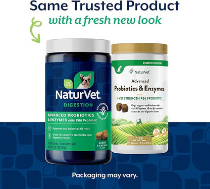 NaturVet Advanced Probiotics & Enzymes, PB6 Dog Soft Chews to Help Sensitive Stomachs and Digestive Issues, Hickory Smoked Bacon Flavored Pet Supplement for Dogs Over 6 Weeks, 240 Count Jar