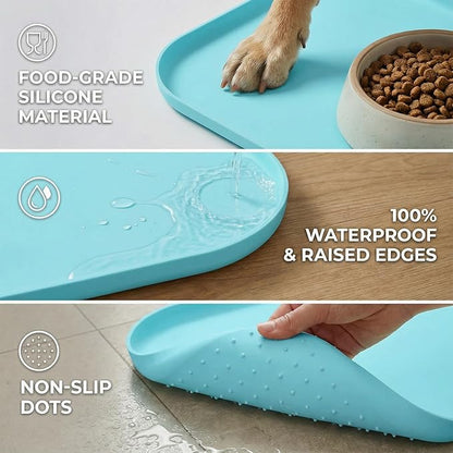 BLESWIN Non-Slip Silicone Dog Food Mat for Food and Water, 18" x 12" Raised Edge Pet Feeding Mat - Waterproof Dog Bowl Mat Easy Clean for Floor Protector,Blue