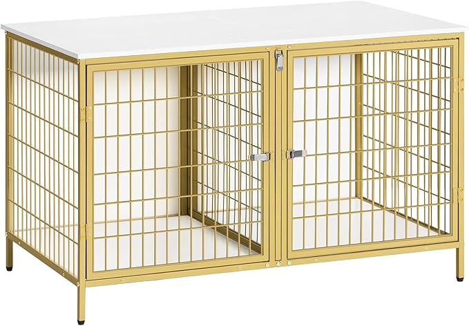MAHANCRIS Dog Crate Furniture for 2 Dogs, 43.3" Dog Kennel with Removable Divider, Heavy Sturdy Dog Furniture Style Double Cage for Small Medium Dog, Indoor Pet House End Table, White and Gold