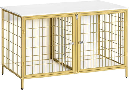 MAHANCRIS Dog Crate Furniture for 2 Dogs, 43.3" Dog Kennel with Removable Divider, Heavy Sturdy Dog Furniture Style Double Cage for Small Medium Dog, Indoor Pet House End Table, White and Gold
