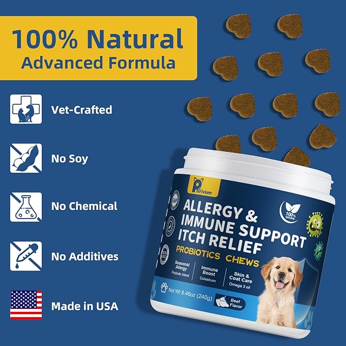Dogs Allergy & Itch Relief Chews, Dog Probiotics for Skin & Immune Support Helps Relieve Itchy Skin & Ear, Dog Allergy Supplement for Paw Licking, Itching Skin Relief with Colostrum, Fish Oil (Tan)