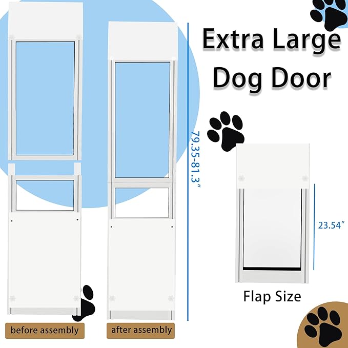 XLarge Dog Door for Sliding Glass Doors, Adjustable 75.39" to 81.3" Slider Height, Extra Large Dog Door for Sliding Glass Door, All-Metal Framed & Lockable Panel
