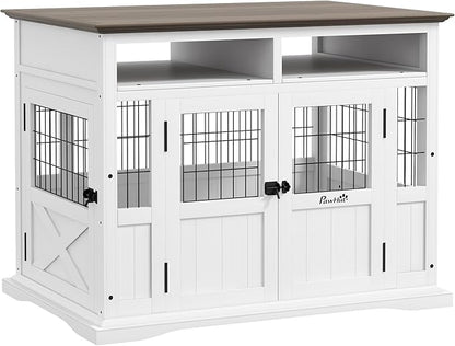 PawHut Dog Crate Furniture Side End Table with Storage, 41" Modern Wooden Dog Kennel Furniture with Double Doors for Small and Medium Dogs, White