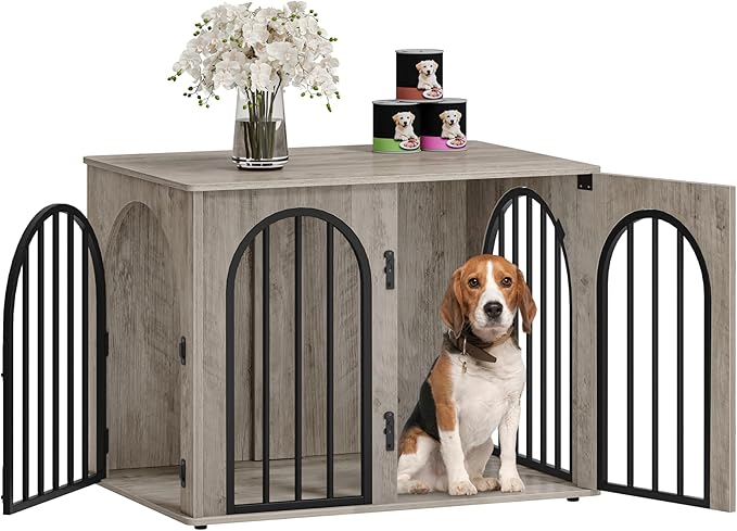 Hzuaneri 31.5'' Wooden Dog Crate Furniture, Indoor Dog Kennel Dogs Cage for Small/Medium Dogs, Heavy Duty Dog Crates Decorative Pet House End Side Table TV Stand, Greige Black DFC85105B