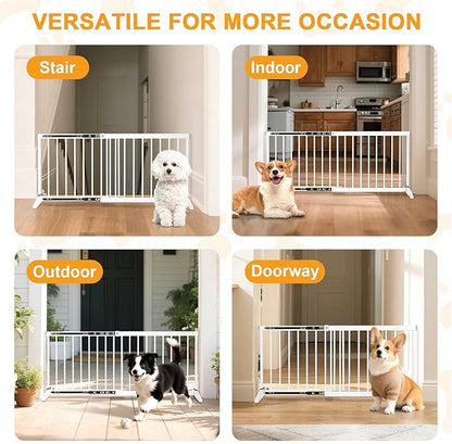 White Metal Dog Gate for Small Dogs - 17.7" Short Freestanding Puppy Gate with Retractable Sliding Rail, No Installation, Indoor/Outdoor Use, Foldable & Portable Pet Barrier