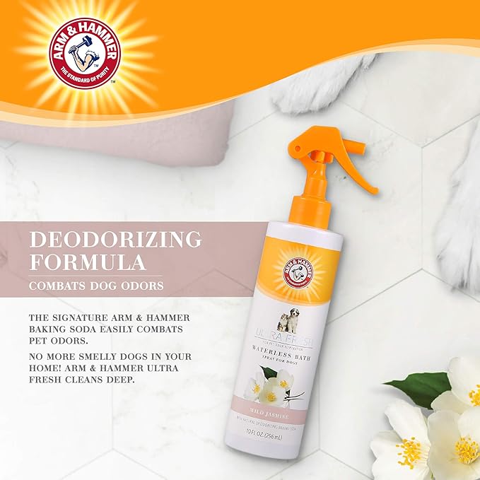 Arm & Hammer Ultra Fresh Waterless Dog Bath Spray with Baking Soda Deodorizer, No Rinse Dry Dog Shampoo Spray for Odor Control Between Baths, Grooming Mist in White Jasmine Scent, 10 Fl Oz