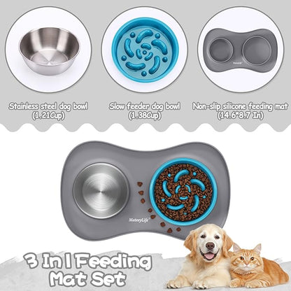 MateeyLife Dog Food and Water Bowl Set 3 in 1, Slow Feeder Dog Bowls & Stainless Steel Water Bowl with Non-Spill Silicone Mat, Cat and Puppy Bowls Pet Dishes for Small Medium Large Breed Anti-Choking
