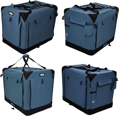 EliteField 4-Door Folding Soft Dog Crate with Curtains, Carrying Bag and Fleece Bed (2 Year Warranty), Indoor & Outdoor Pet Home (24" L x 18" W x 21" H, Blue Gray+4 Door Curtains)