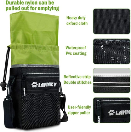 Dog Treat Pouch Pet Training Bag for Small to Large Dogs, Treat Tote Carry Kibble Snacks Toys for Training Reward Walking, Metal Clip, Waist belt, Shoulder Strap, Poop Bag Dispenser, Black with Green