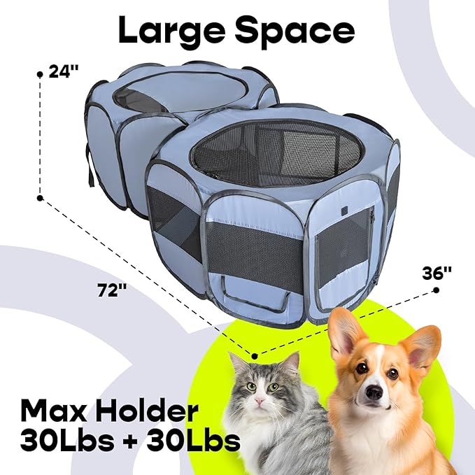 EighteenTek® XLarge 2-in-1 Pop up Dog Playpen, Assembly-Free, with Leakproof Pet Pee Pads,Portable Foldable Cat Tent Enclosure Indoor Outdoors Puppy Kittens Small Animals Crates (M, 72" Lx36 Wx24 H)