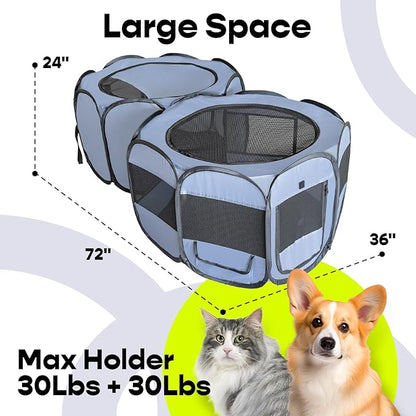 EighteenTek® XLarge 2-in-1 Pop up Dog Playpen, Assembly-Free, with Leakproof Pet Pee Pads,Portable Foldable Cat Tent Enclosure Indoor Outdoors Puppy Kittens Small Animals Crates (M, 72" Lx36 Wx24 H)