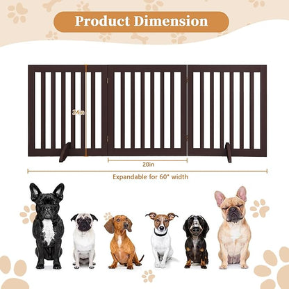 PUPETPO 24”H Freestanding Wooden Pet Gate, Dog Gate for Stairs, Doorways, and Hallways, Step Over Foldable Pet Fence for Indoor Use, Support Feet Included, 60 inch Wide 3 Panels, Espresso
