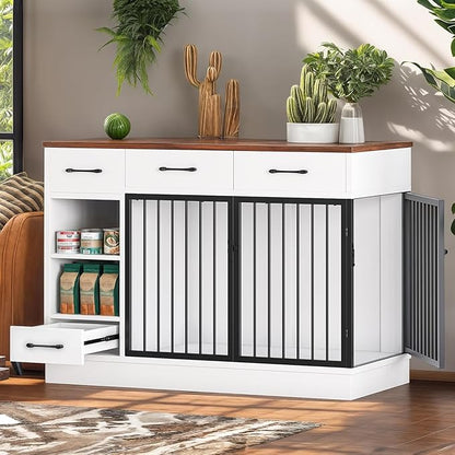 47.2" Dog Crate Furniture with Storage Drawers & Hidden Bowl, Wooden Indoor Kennel with Shelf & 2 Doors, Pet Cage for Small/Medium Dogs