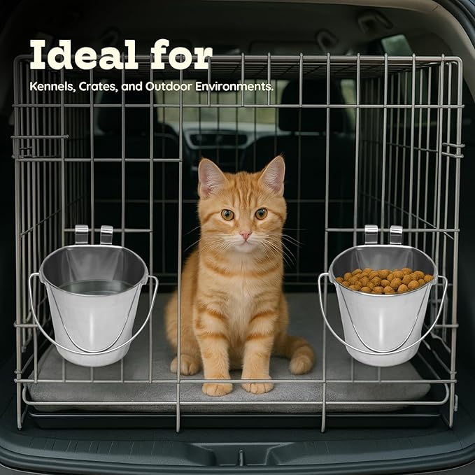 2 Quart Stainless Steel Flat Sided Bucket with Dual Hooks | 2 Pcs Durable Food & Water Bowl for Dog Cats Bird & Small Animals | Fits kennel Cage Crates Hanging Pet Pail | Multipurpose use