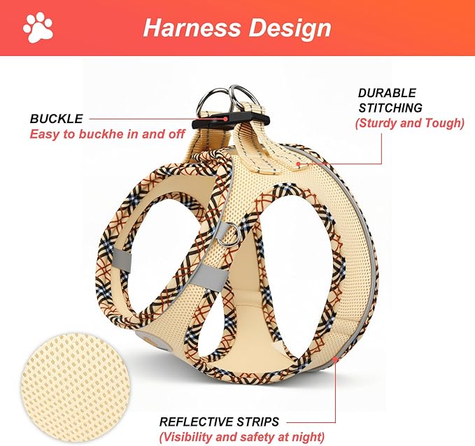 Hipubby Dog Harness Small Sized and Leash Set, No Pull Soft Mesh Puppy Vest, Reflective Breathable Lightweight Pet Harness, Harness for Small Medium Dogs and Cats - Khaki/Tirm, XXS