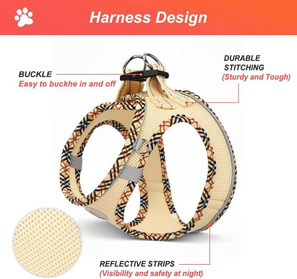 Hipubby Dog Harness Small Sized and Leash Set, No Pull Soft Mesh Puppy Vest, Reflective Breathable Lightweight Pet Harness, Harness for Small Medium Dogs and Cats - Khaki/Tirm, XXS