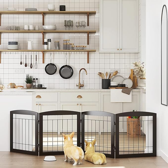Dog Gate - 4 Panel Foldable Pet Gate Indoor for Doorways, House, Stairs, Freestanding Gate for Dogs - 80x24 -Inch Puppy Safety Fence by PAWLAND, Espresso