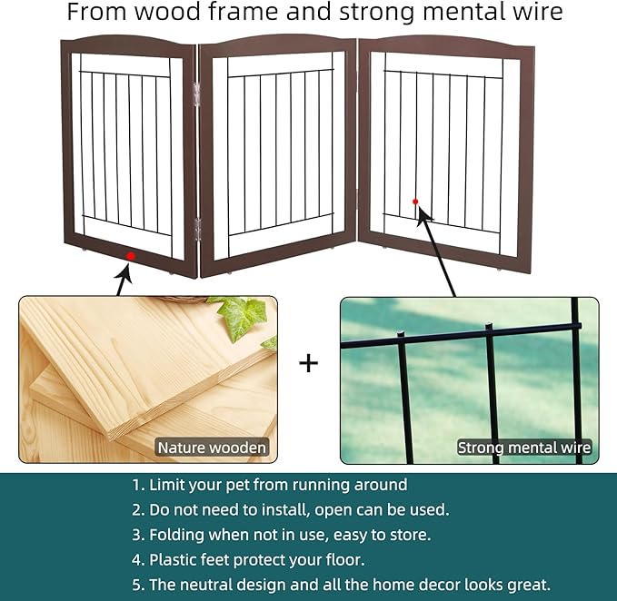 ZJSF Freestanding Foldable Dog Gate for House Extra Wide Wooden Brown Puppy Gate Stairs Dog Gates Doorways Tall Pet Gate 24 "Height 3 Panels Pet Fence