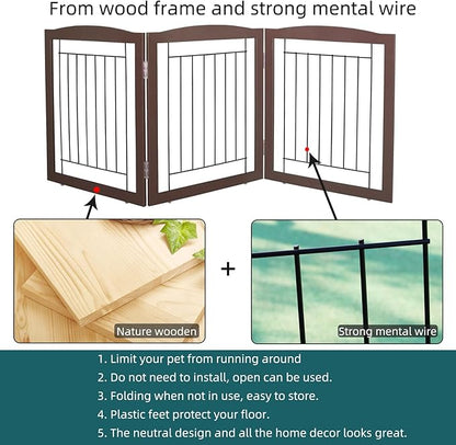 ZJSF Freestanding Foldable Dog Gate for House Extra Wide Wooden Brown Puppy Gate Stairs Dog Gates Doorways Tall Pet Gate 24 "Height 3 Panels Pet Fence