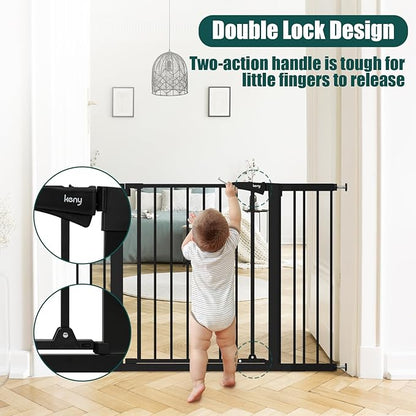 keny 29.7"-46" Baby Gate for Stairs, Auto Close Dog Gates for Doorways, Pressured Mounted No Drilling Pet Gate Extra Wide, One-Hand Opening Dual Lock Stair Gate, Indoor Kids Necessities, Black