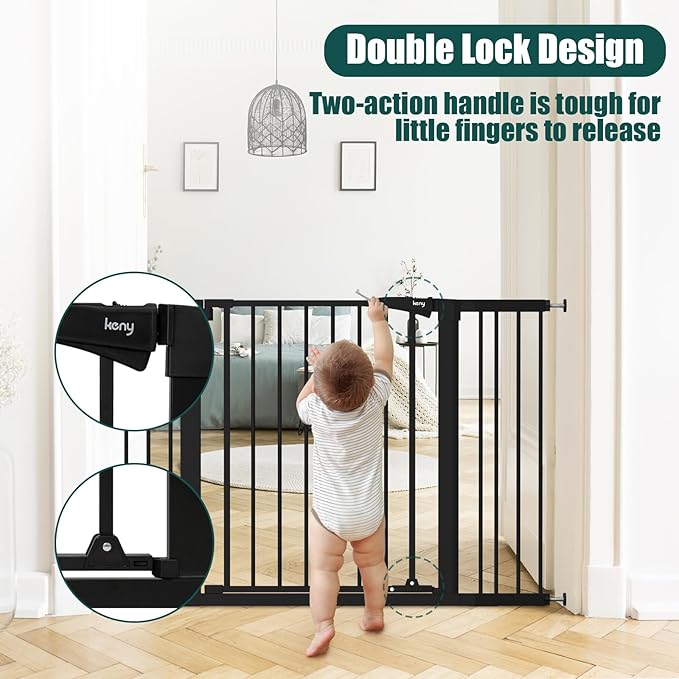 keny 29.7"-51.5" Extra Wide Baby Gate for Stairs, Easy Walk Thru Dog Gate with 21.1" Large Opening Door, Pressured Mounted No Drilling Pet Gate, 30" Tall, Black