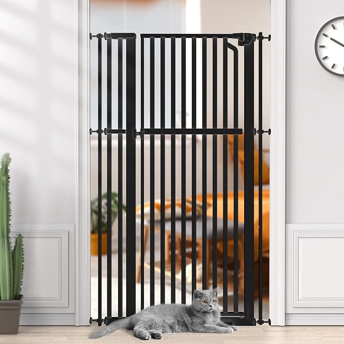 Senneny 63” Extra Tall Cat Gate Auto Close & One-Hand Open, Includes Extension Kits, No Drilling Pressure Mounted Kits and Wall Mounted Kits, Metal Pet Gate Fits Openings 33.4” to 37.4” Wide, Black