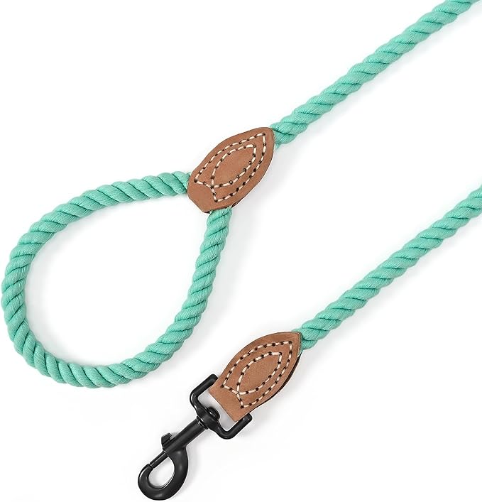 Mile High Life Dog Leash, Braided Cotton Rope Leashes with Leather Tailor Tip with Leather Tip - Heavy Duty Metal Clasp, 5FT, 1/2" Thick - Wedding, Walking Leash for Medium Large Dogs(Green)