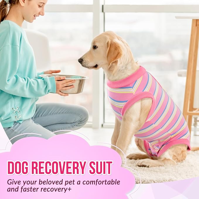 Lukovee Recovery Suit for Dogs, Onesie Surgery Recovery Suit for Female Male Dogs, Abdominal Wounds Cone E-Collar Alternative Prevent Licking Spay Recovery Suit (Pink Stripes,M)