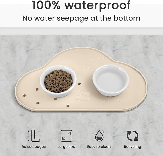 Ptlom Silicone Pet Placemat for Dogs and Cats, Non-Slip Waterproof Dog Feeding Bowl Mats for Food and Water, Small Medium Large Pet Puppy Tray Mat Prevent Residues from Spilling onto The Floor, Beige