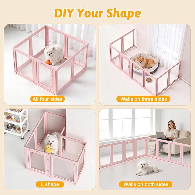 DIY Clear Acrylic Dog Playpen House,Quick Easy Assembly and Disassembly,Strong Floor Suction,Indoor and Outdoor Use,Easy Cleansing Puppy Fence (Skin Pink, 23.6" H, 8PCS)