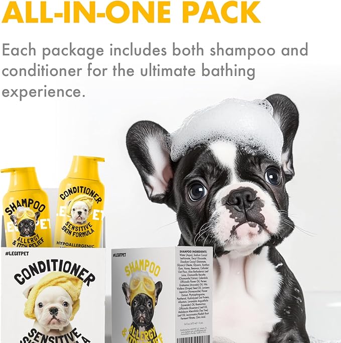 LEGITPET Oatmeal Dog Shampoo & Conditioner Itch & Allergy Relief with Honey & Aloe Hypoallergenic Gentle Calming Formula for Sensitive Skin & Dandruff Safe for Puppies Best for All Breeds 2 x 16oz