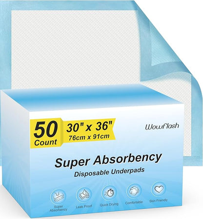Super Absorbency Disposable Leakproof Underpads with Quick Drying for Baby, Adults, Puppy, Dog Bed Pee Pads, Extra Large, XXL Incontinence Pads, 30” x 36”, 50 Count