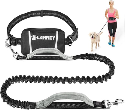 LANNEY Hands Free Dog Leash, Waist Running Leash with Zipper, Walking Pouch for Medium Large Dogs, Dual Handle and Retractable Bungee for Training Jogging Hiking(25-120 lbs, Grey)