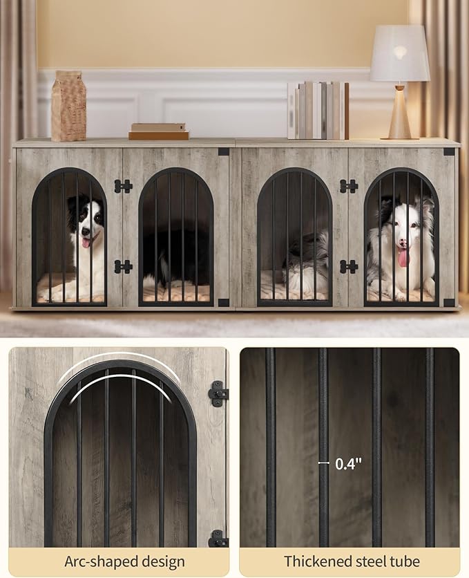 Hzuaneri 71" Dog Crate Furniture for 2 Dogs, Heavy Duty Indoor Dog Kennel TV Stand, XL Wooden Dog Cage with Divider for Medium Large Dogs, End Table Dog Crate with Cushion, Greige Black DFC81905B