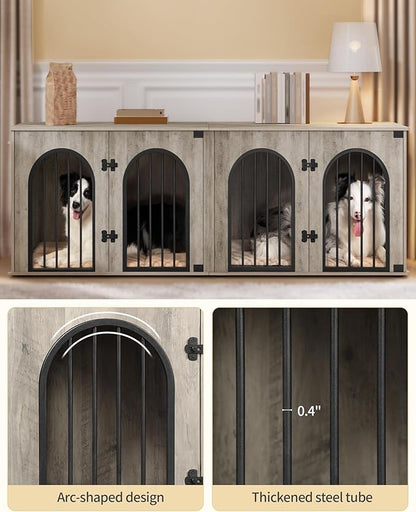 Hzuaneri 71" Dog Crate Furniture for 2 Dogs, Heavy Duty Indoor Dog Kennel TV Stand, XL Wooden Dog Cage with Divider for Medium Large Dogs, End Table Dog Crate with Cushion, Greige Black DFC81905B