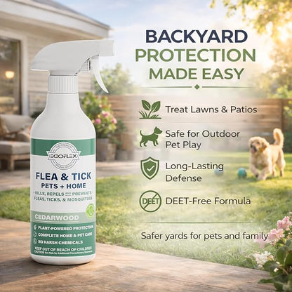 Flea Spray for Home & Pets - Flea and Tick Prevention for Dogs - Plant Based Repellent with Natural Essential Oils for Dog Flea Treatment Protection - Cedarwood Scent - 16 Fl Oz