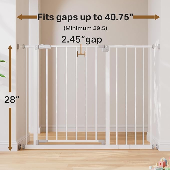 InnoTruth 29.5–40.75" Baby Gate for Stairs, 28" Tall Dog Gates for Doorways & Hallways, Safety Gate for Kids & Pets, Pressure-Mounted Walk-Through with Dual Lock & 2-Way Swing, White