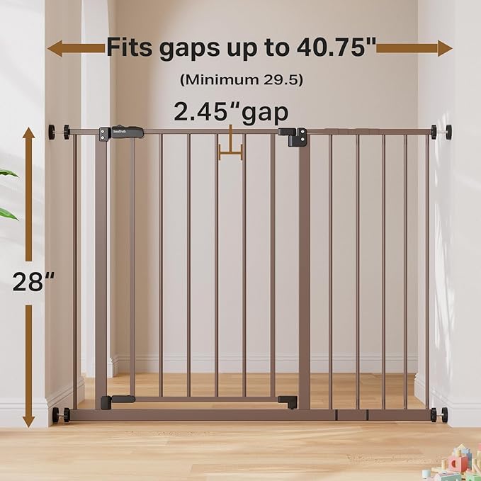 InnoTruth 29.5–40.75" Baby Gate for Stairs, 28" Tall Dog Gates for Doorways & Hallways, Safety Gate for Kids & Pets, Pressure-Mounted Walk-Through with Dual Lock & 2-Way Swing, Brown