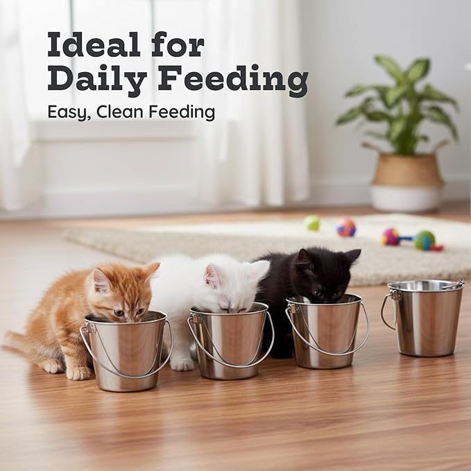 Heavy Duty Stainless Steel Dog Water Bucket with Handle, 1 Quart (0.25 Gallon) Round Pail for Small Dogs Cat Bird & Livestock, Fits Kennel & Farm, Hanging Utility Silver Pet Pails, 4 Pack