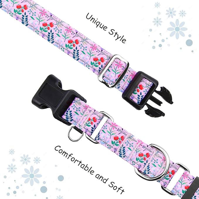 Reflective Martingale Collar with Quick Release Buckle Anti Pulling Girl Female Dog Collars (Pink Flowers Plants, Small)