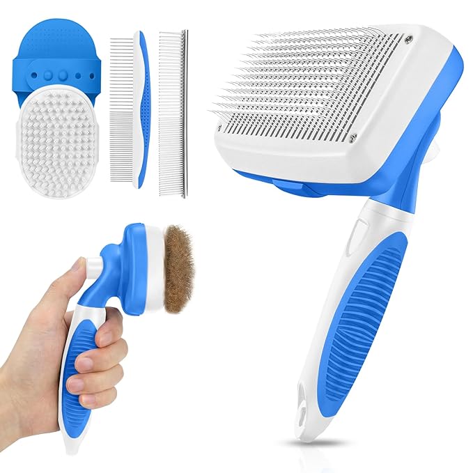 Self Cleaning Shedding Brush - 5-in-1 Professional Pet Grooming Kit Skin Friendly Grooming Tool for Dogs, Cats, and Puppies, Deshedding and Hair Removal for Long and Short Haired Pets（Blue-White）