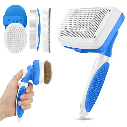 Self Cleaning Shedding Brush - 5-in-1 Professional Pet Grooming Kit Skin Friendly Grooming Tool for Dogs, Cats, and Puppies, Deshedding and Hair Removal for Long and Short Haired Pets（Blue-White）