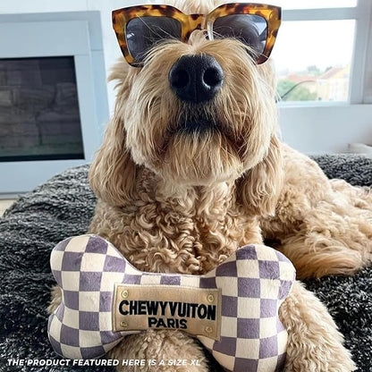 Haute Diggity Dog Chewy Vuiton Bone Plush Squeaky Dog Toy, Soft Durable Designer-Inspired Stuffed Puppy Chew Toys for Small, Medium & Large Dogs, Machine-Washable (Tan Checker) XL