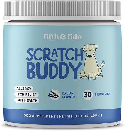 Scratch Buddy Dog Allergy Relief Powder with Colostrum, Spirulina & Turkey Tail Mushroom - Natural Itch Relief for Dogs - Anti Itch Supplement for Seasonal Allergies, Skin Health & Paw Licking - Bacon