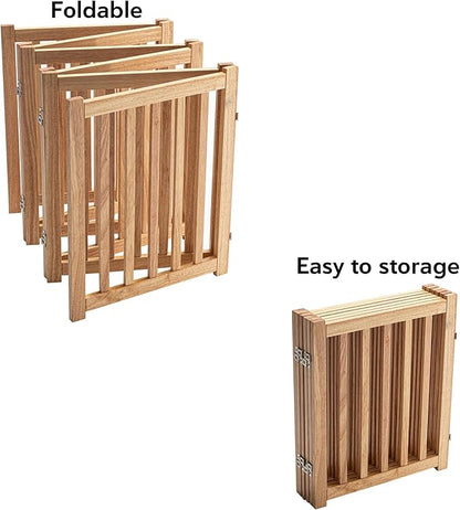 LZRS 6-Panel Extra-Wide Freestanding Wooden Dog Gate Indoor – 24”High Foldable Safety Pet Barrier for Doorways, Hallways, Kitchens, Durable Design fit Small to Medium Dogs, Natural