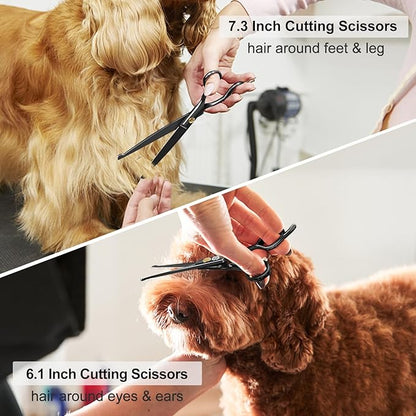CIICII Dog Grooming Scissors Kit, 7 Inch Professional Pet Grooming Scissors Set with Safety Round Tip (Dogs/Cat Hair Cutting Trimming Thinning Shears with Curved Scissors) for DIY Home Salon (Black)